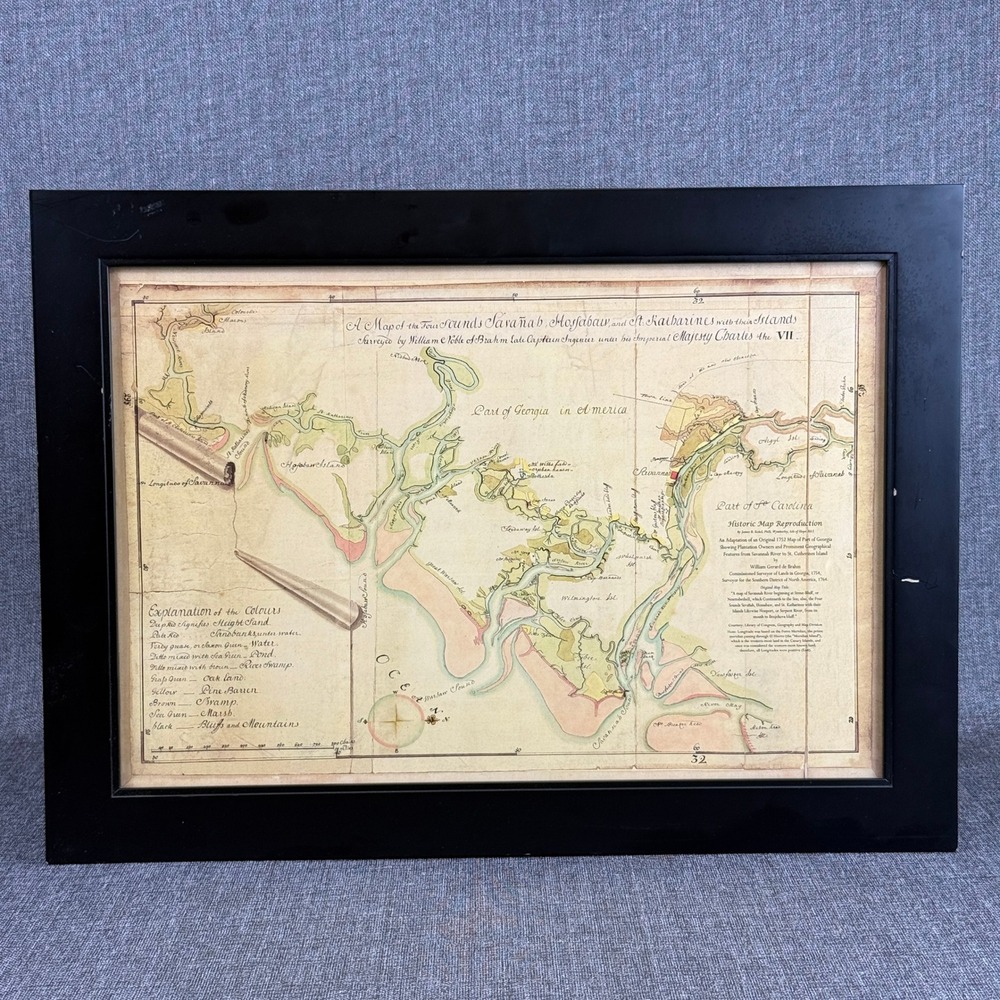 James B Sickel 1752 Georgia South Carolina Map Reproduction Framed 22"x16"